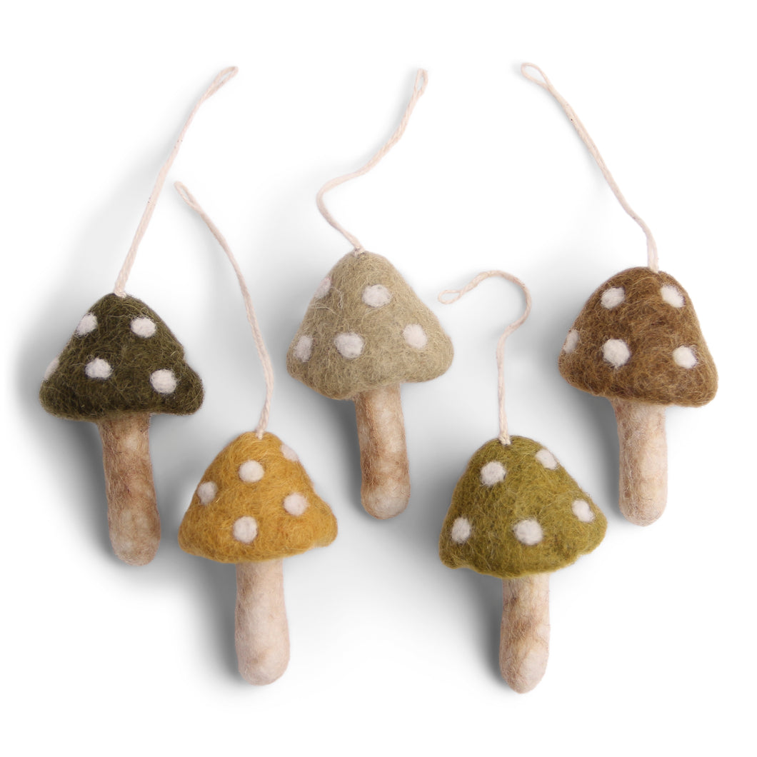 Mushroom Felted Wool Ornaments - Set of 5
