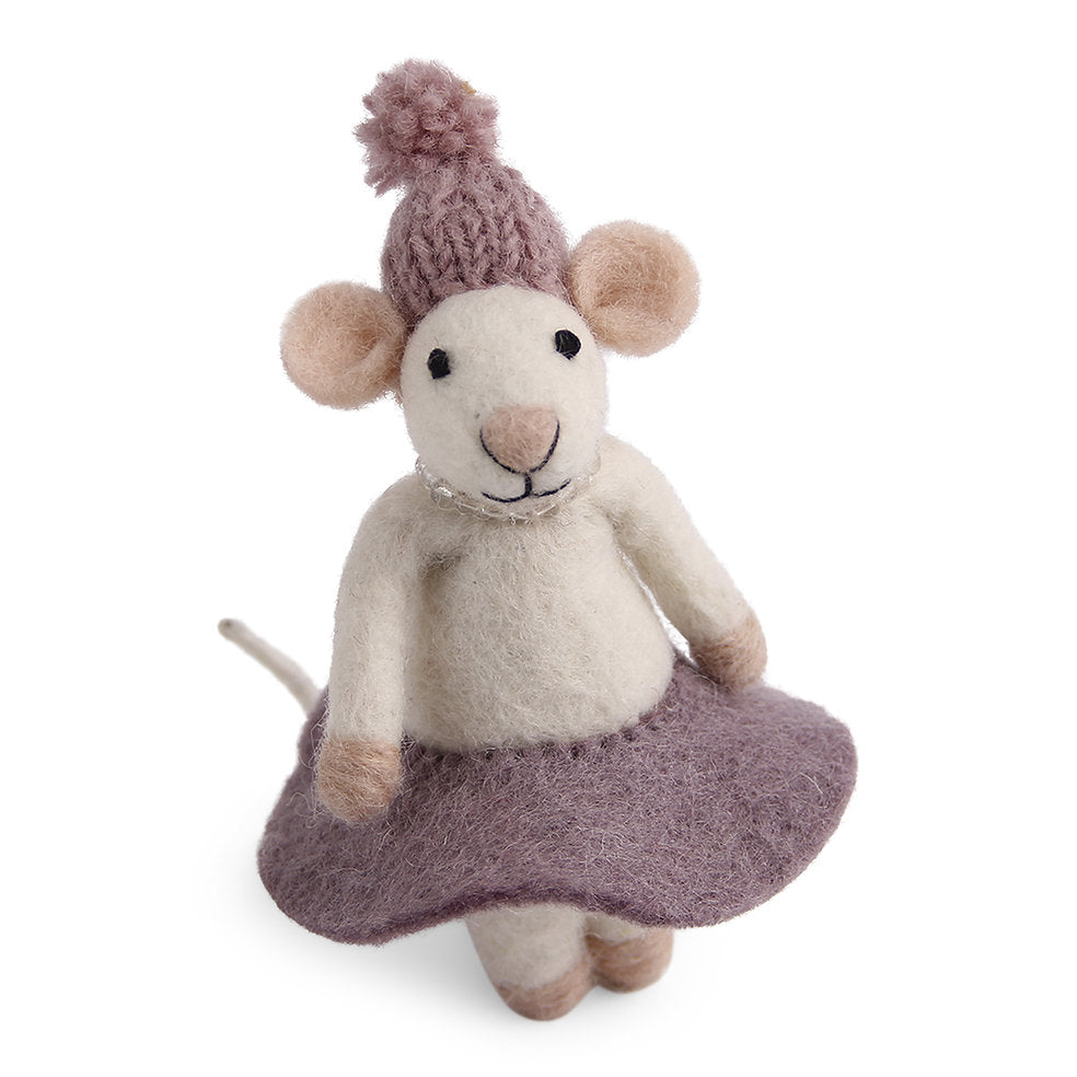 Felted Wool White Mouse with Purple Skirt