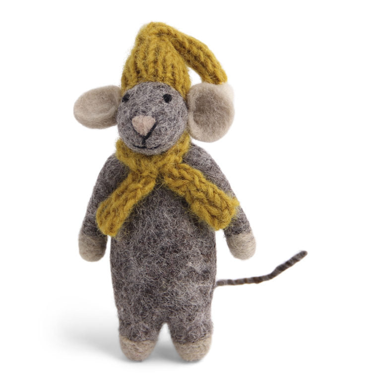 Felted Wool Gray Mouse with Yellow Cap and Scarf